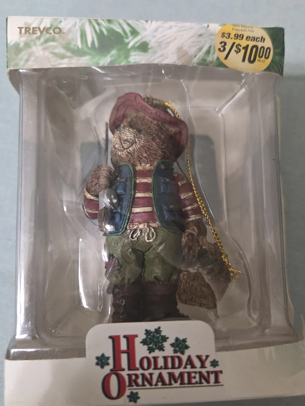 Vintage Teddy Bear FISHERMAN Resin Christmas Tree Ornament - 3.5